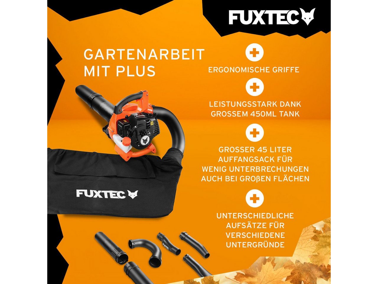 FUXTEC Benzin-Laubbläser FX-LBS126, 71m/s, 255 km/h Blasgeschwindigkeit, 45 L Fangsack, Häckselfunktion – Bild 4 von 5