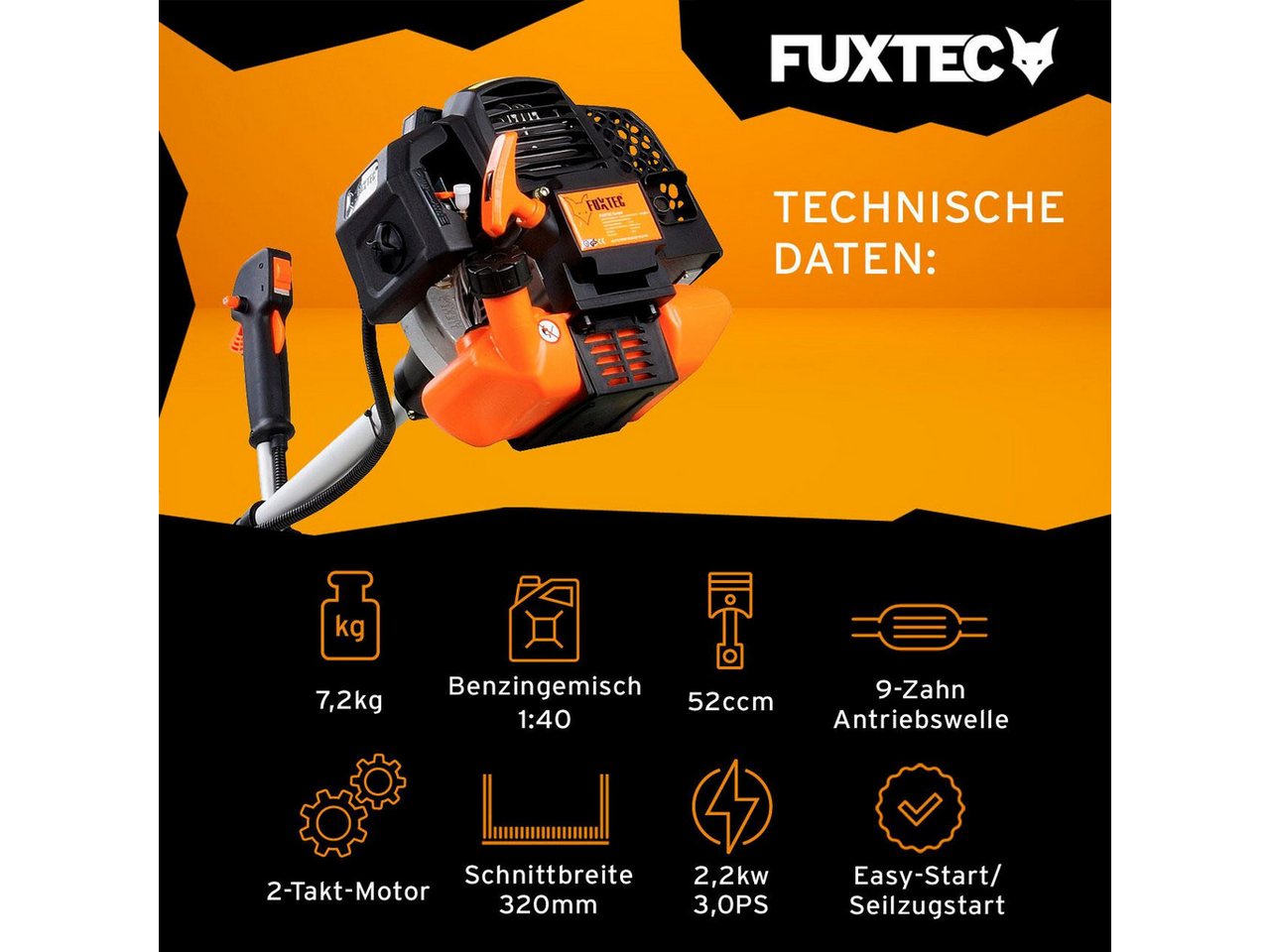 FUXTEC Benzin-Motorsense FX-MS152, 44 cm Arbeitsbreite Messer, 3PS, 52ccm, 32cm Schnittbreite, Zweihandgriff, Profi-Komfort-Tragegurt – Bild 2 von 5