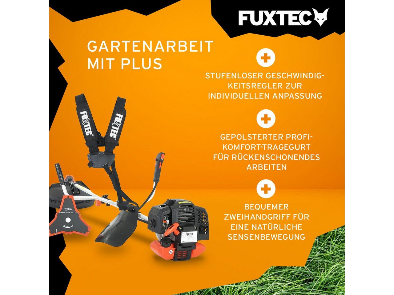 FUXTEC Benzin-Motorsense FX-MS152, 44 cm Arbeitsbreite Messer, 3PS, 52ccm, 32cm Schnittbreite, Zweihandgriff, Profi-Komfort-Tragegurt – Bild 4 von 5