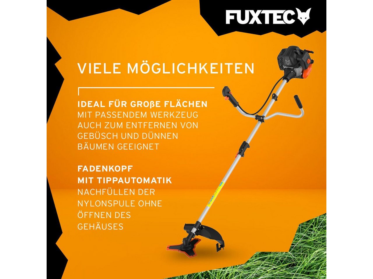 FUXTEC Benzin-Motorsense FX-MS152, 44 cm Arbeitsbreite Messer, 3PS, 52ccm, 32cm Schnittbreite, Zweihandgriff, Profi-Komfort-Tragegurt – Bild 5 von 5