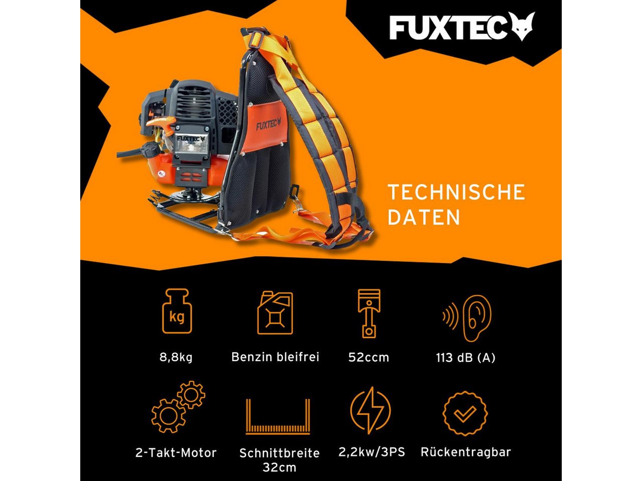 FUXTEC Benzin-Motorsense FX-MS152T, 44 cm Arbeitsbreite Messer, 2in1 Tool rückentragbar, 52ccm, 32cm Schnittbreite, Faden/Messer – Bild 2 von 5