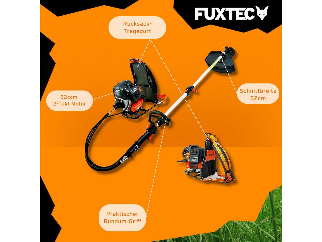 FUXTEC Benzin-Motorsense FX-MS152T, 44 cm Arbeitsbreite Messer, 2in1 Tool rückentragbar, 52ccm, 32cm Schnittbreite, Faden/Messer – Bild 5 von 5