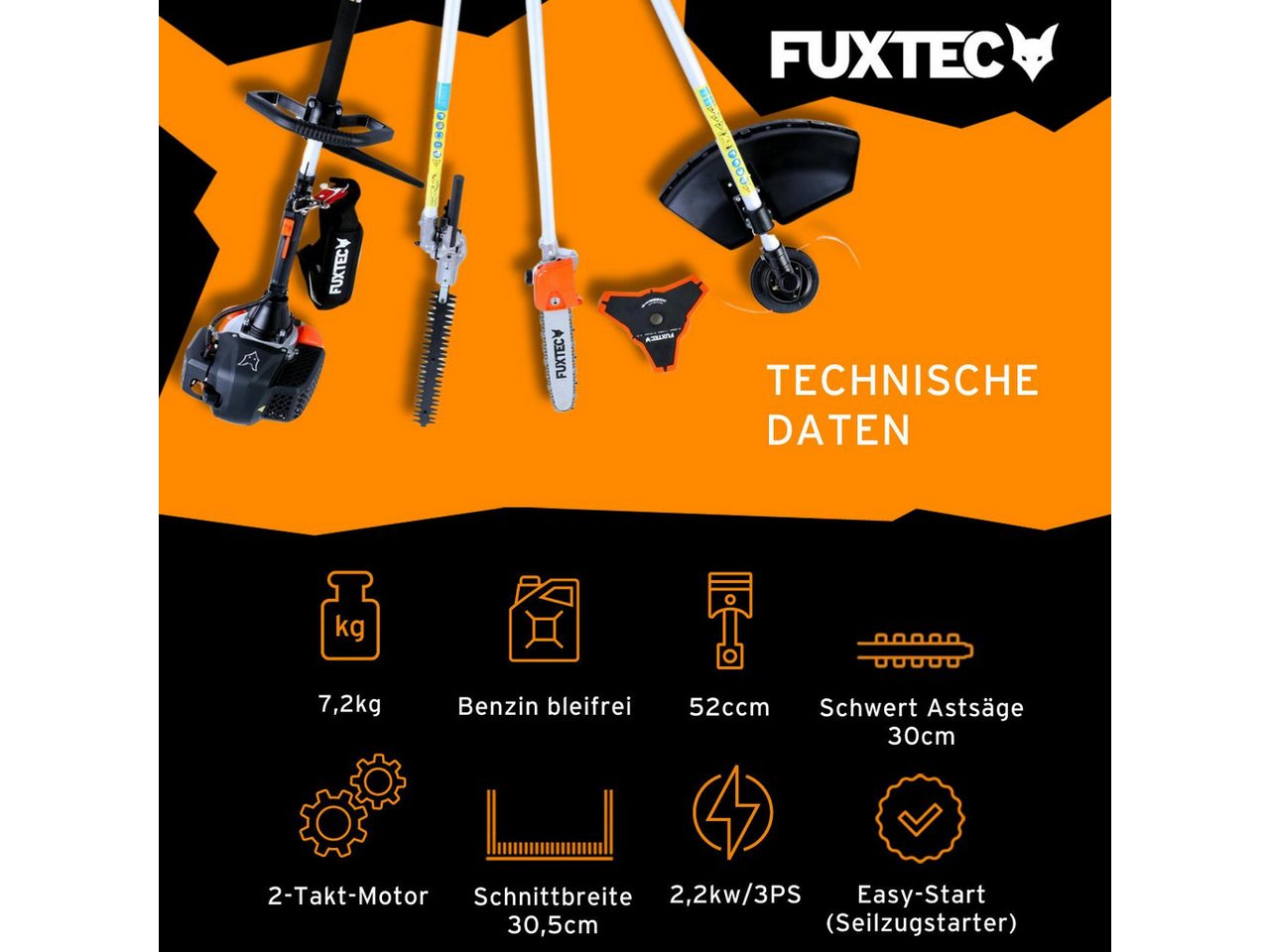 FUXTEC Benzin-Motorsense FX-MT152, 44 cm Arbeitsbreite Messer, 4in1 Tool 3PS, 52ccm, 32cm Schnittbreite, 40cm Schnittlänge – Bild 2 von 5