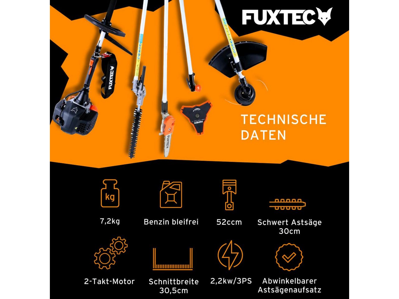 FUXTEC Benzin-Motorsense FX-MT252ER, 44 cm Arbeitsbreite Messer, 5in1 Multitool, 3PS, 52ccm, 30.5cm Schnittbreite, 40cm Schnittlänge – Bild 2 von 5