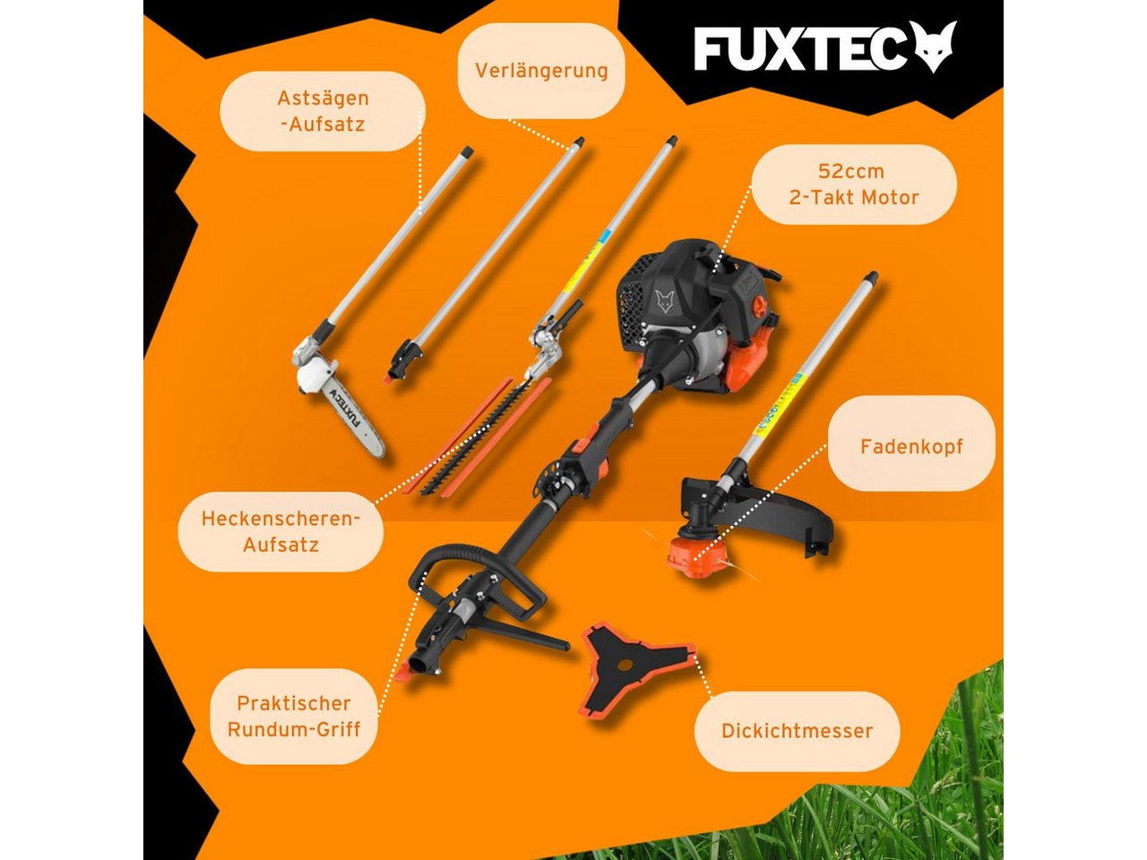 FUXTEC Benzin-Motorsense FX-MT252ER, 44 cm Arbeitsbreite Messer, 5in1 Multitool, 3PS, 52ccm, 30.5cm Schnittbreite, 40cm Schnittlänge – Bild 5 von 5