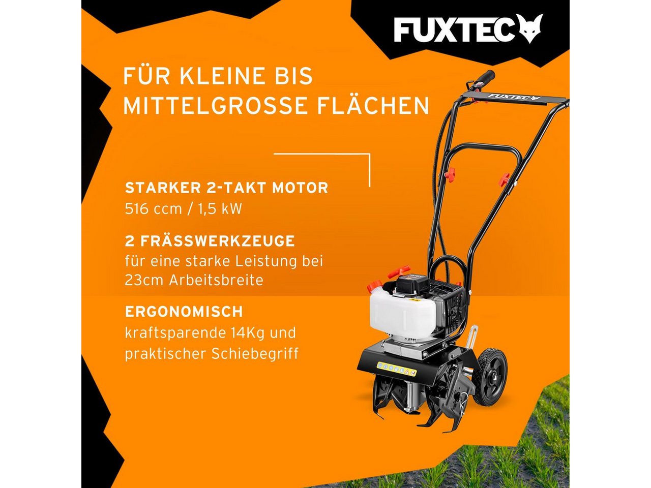 FUXTEC Benzinmotorhacke FX-AF152, 23 cm Arbeitsbreite, 23 cm Arbeitsbreite, 2-Takt Motor, Fräswerkzeughöhe von 70 mm, 14 kg – Bild 4 von 5