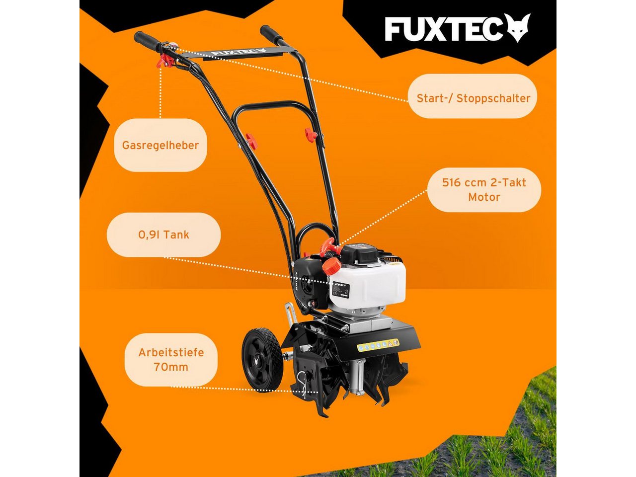 FUXTEC Benzinmotorhacke FX-AF152, 23 cm Arbeitsbreite, 23 cm Arbeitsbreite, 2-Takt Motor, Fräswerkzeughöhe von 70 mm, 14 kg – Bild 5 von 5