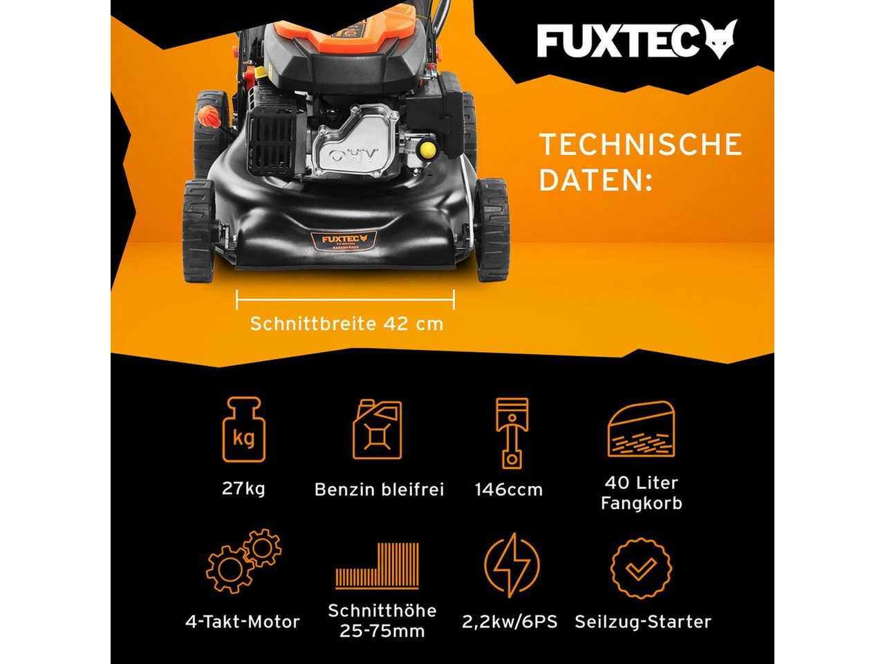 FUXTEC Benzinrasenmäher FX-RM4346, 42 cm Schnittbreite, 146ccm Motor, 40 L Fangkorb, 3in1 Funktion, 3,5 PS – Bild 2 von 5