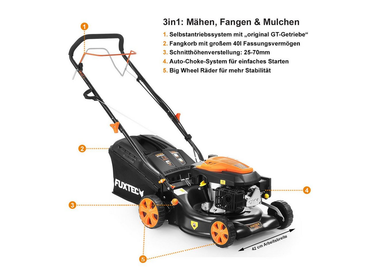 FUXTEC Benzinrasenmäher FX-RM4346, 42 cm Schnittbreite, 146ccm Motor, 40 L Fangkorb, 3in1 Funktion, 3,5 PS – Bild 5 von 5