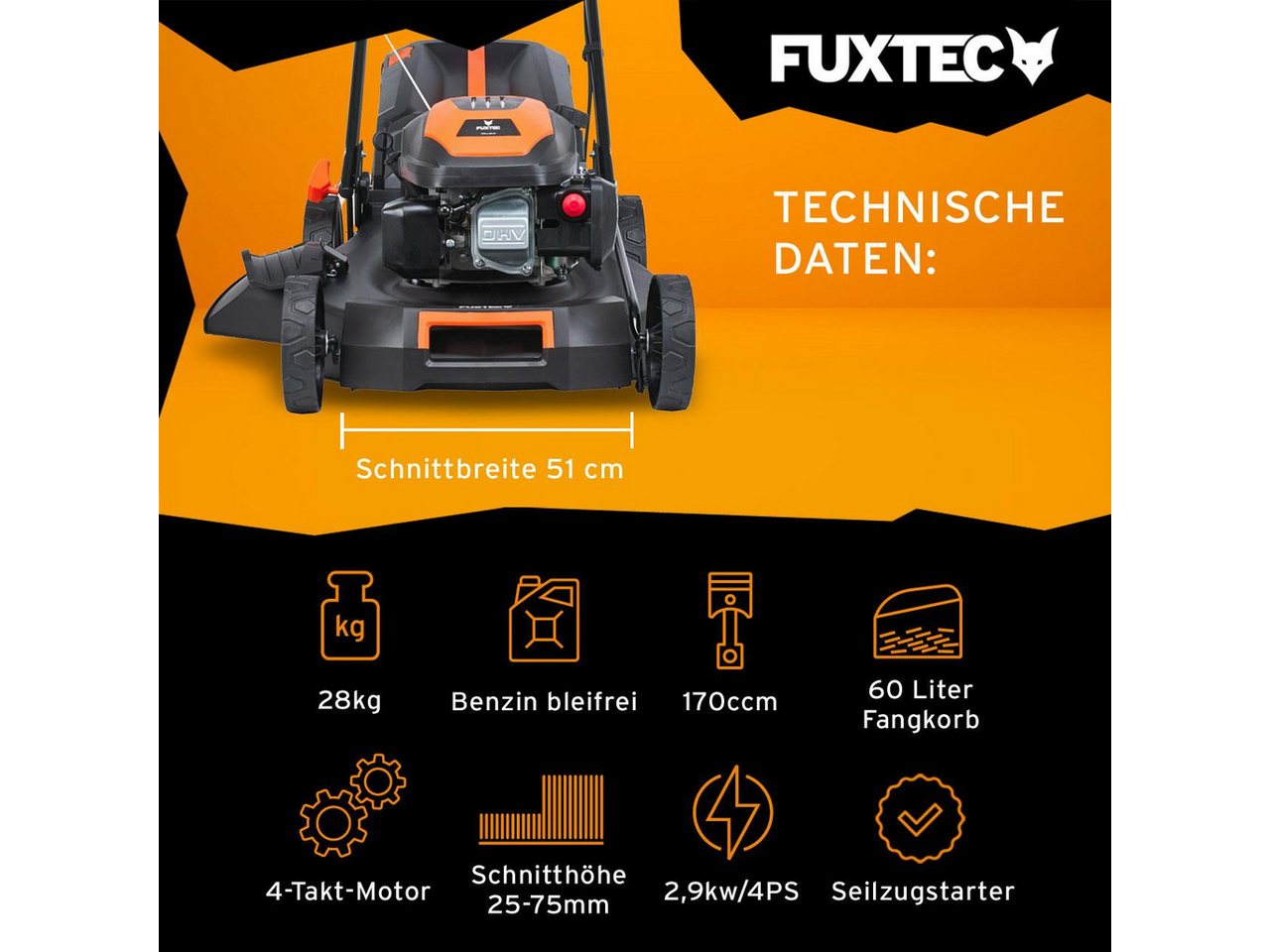 FUXTEC Benzinrasenmäher FX-RM5170, 50,8 cm Schnittbreite, 51 cm Schnittbreite, 60 L Fangkorb, 4in1 Mäher, EasyClean, 4 PS – Bild 2 von 5