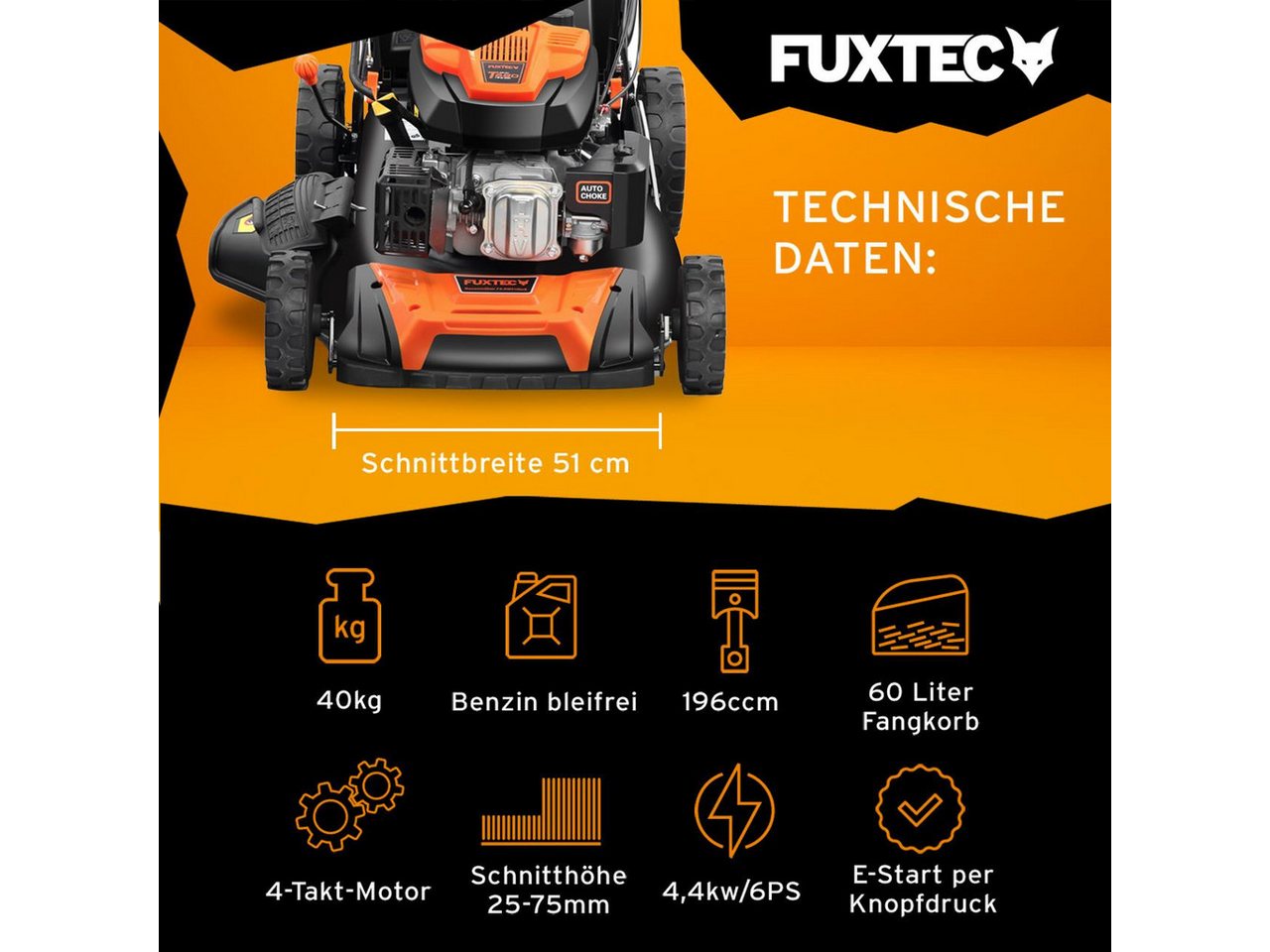 FUXTEC Benzinrasenmäher FX-RM5196eSSL, 51 cm Schnittbreite, 60 L Fangkorb, Auto-Choke-System, E-Start, 5,3 PS, 25-75mm Schnitthöhe – Bild 2 von 5
