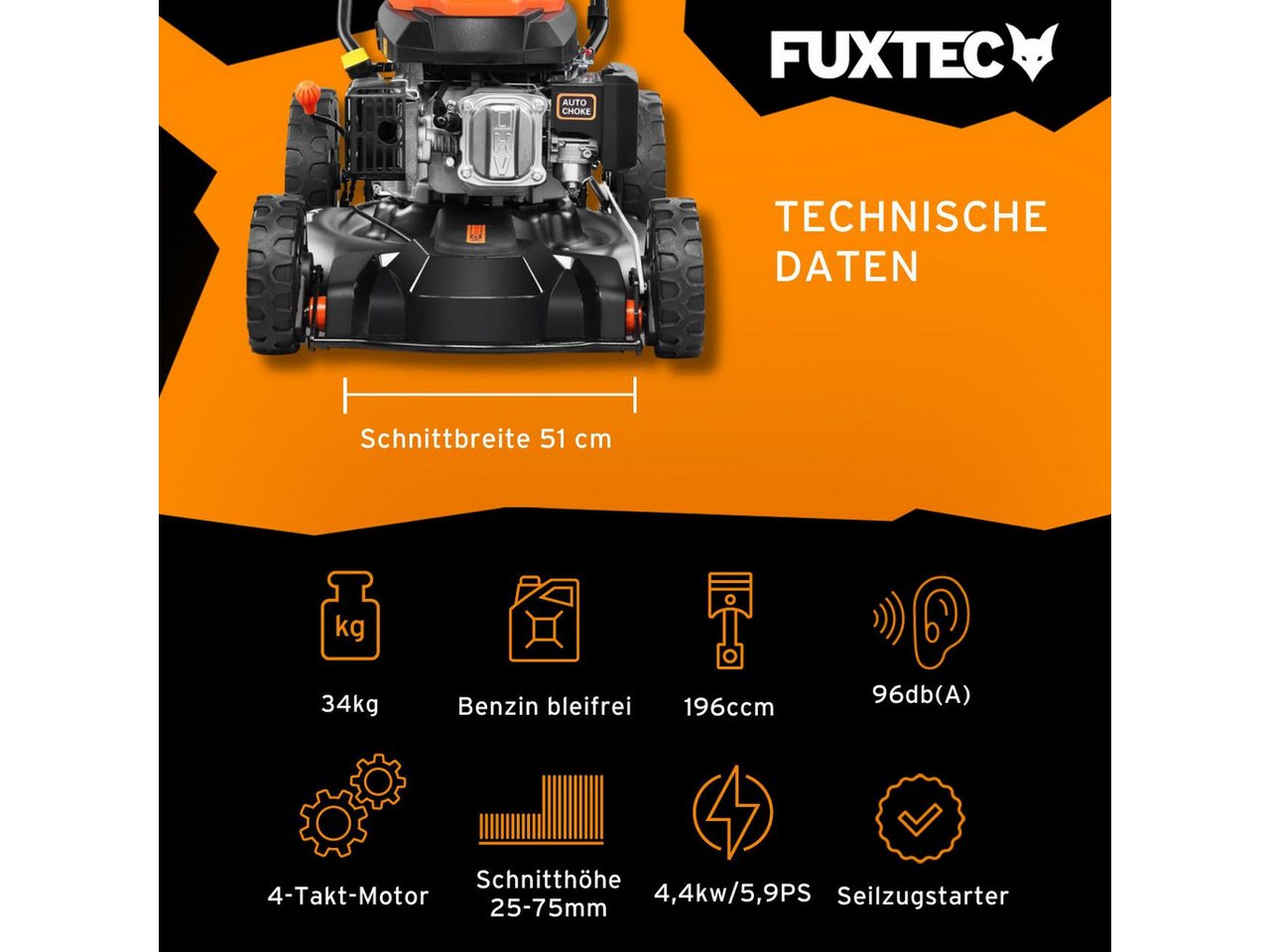 FUXTEC Benzinrasenmäher FX-RM51SA96, 51 cm Schnittbreite, 51 cm Schnittbreite, 5,9 PS, 196 ccm, Frontantrieb – Bild 2 von 5