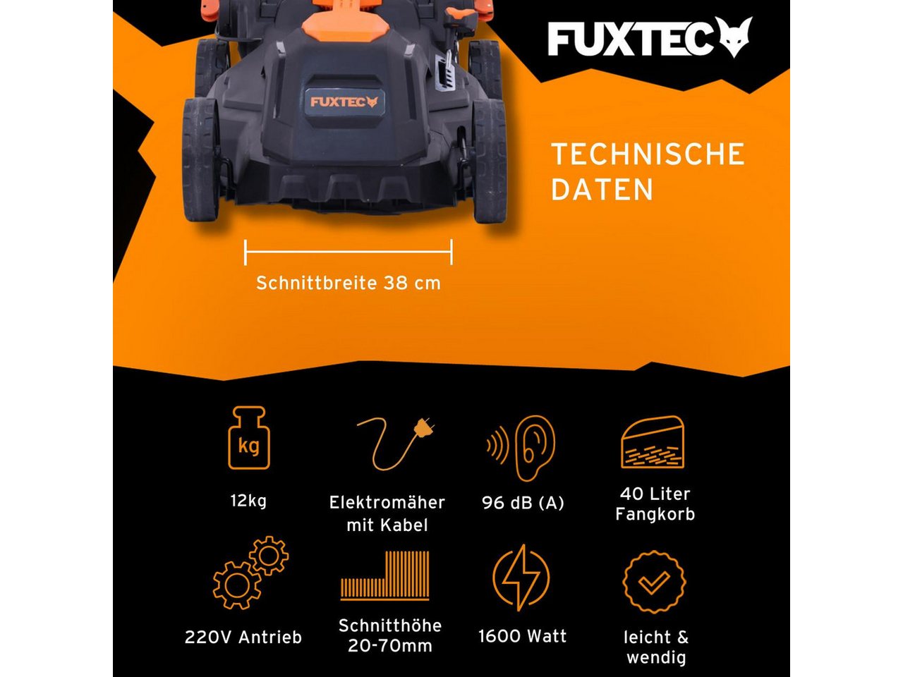 FUXTEC Elektrorasenmäher FX-RME38, 38 cm Schnittbreite, 40 L Fangkorb, 220 V, 1600W, 20-70 mm Schnitthöhe – Bild 2 von 5