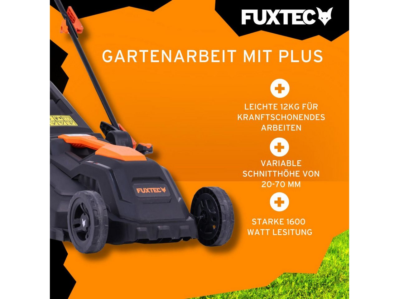 FUXTEC Elektrorasenmäher FX-RME38, 38 cm Schnittbreite, 40 L Fangkorb, 220 V, 1600W, 20-70 mm Schnitthöhe – Bild 3 von 5