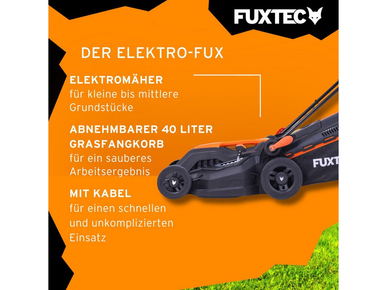FUXTEC Elektrorasenmäher FX-RME38, 38 cm Schnittbreite, 40 L Fangkorb, 220 V, 1600W, 20-70 mm Schnitthöhe – Bild 4 von 5