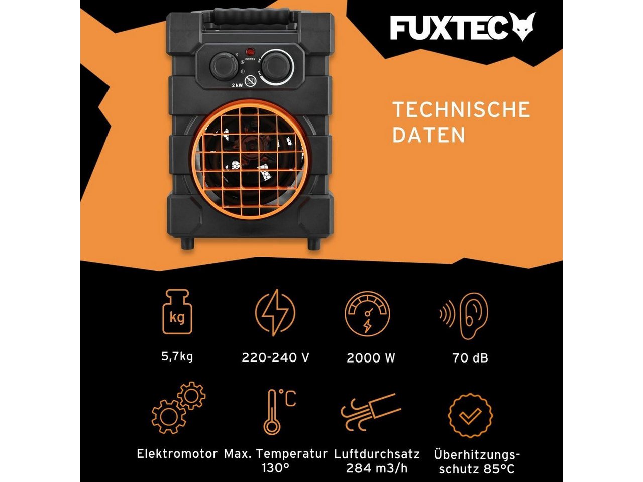 FUXTEC Heizgerät FX-EH2, 2000W Heizleistung, Thermostatregelung, Überhitzungsschutz IP24 – Bild 2 von 5