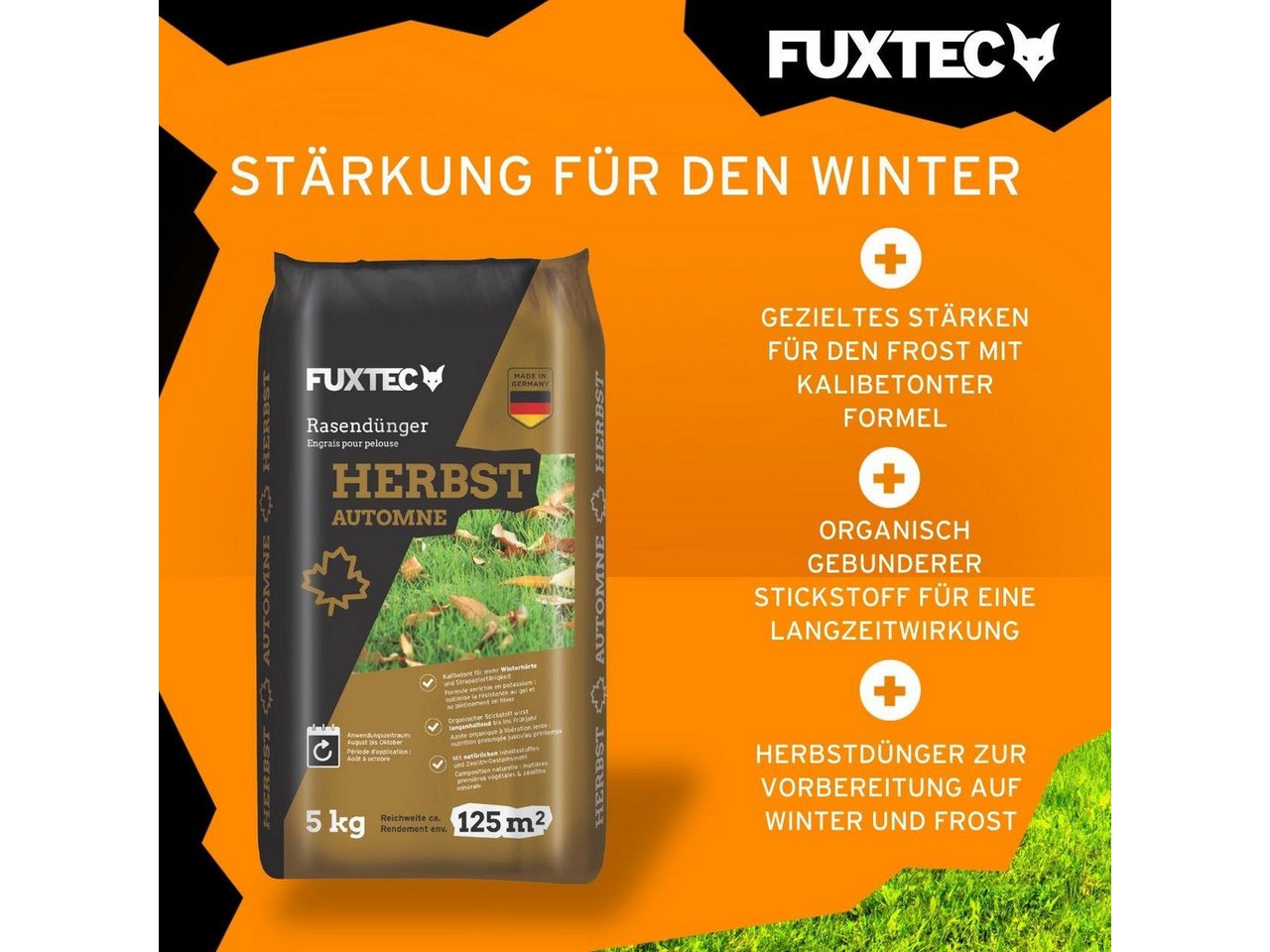 FUXTEC Rasendünger FX-RDH10, FX-RDH, 1-St., Kaliumhaltiger Dünger für den Herbst, bis 500m², 10kg Granulat – Bild 3 von 5