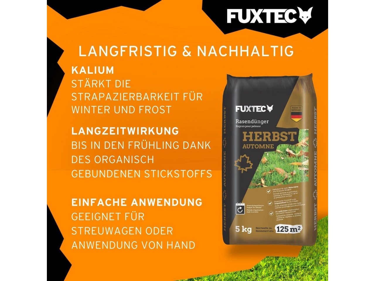 FUXTEC Rasendünger FX-RDH10, FX-RDH, 1-St., Kaliumhaltiger Dünger für den Herbst, bis 500m², 10kg Granulat – Bild 4 von 5