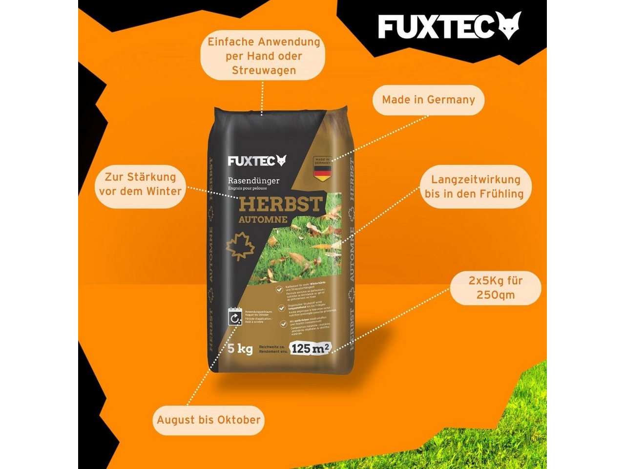 FUXTEC Rasendünger FX-RDH10, FX-RDH, 1-St., Kaliumhaltiger Dünger für den Herbst, bis 500m², 10kg Granulat – Bild 5 von 5