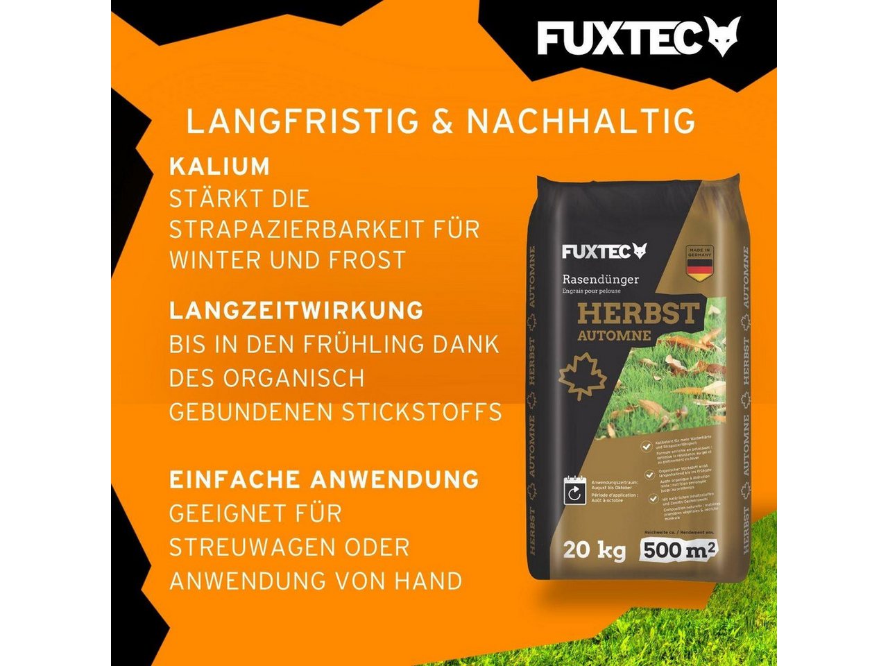 FUXTEC Rasendünger FX-RDH20, FX-RDH, 1-St., Kaliumhaltiger Dünger für den Herbst, bis 1000m², 20kg Granulat – Bild 4 von 5