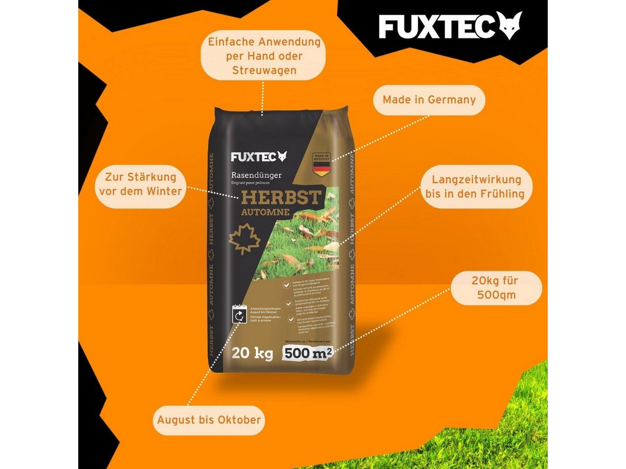 FUXTEC Rasendünger FX-RDH20, FX-RDH, 1-St., Kaliumhaltiger Dünger für den Herbst, bis 1000m², 20kg Granulat – Bild 5 von 5