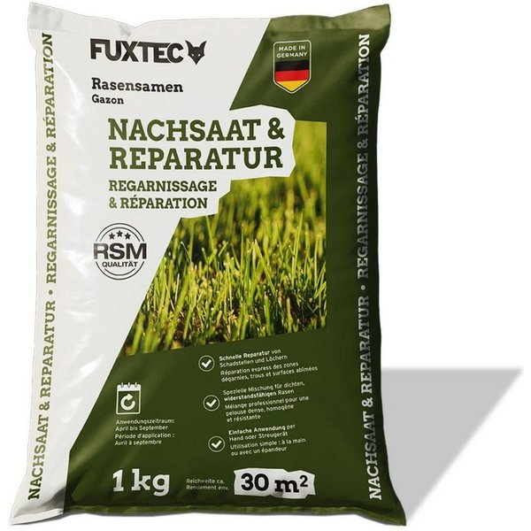 FUXTEC Rasensamen FX-RSNR1, 1 kg, Rasensamen Nachsaat, für 30m², RSM geprüft