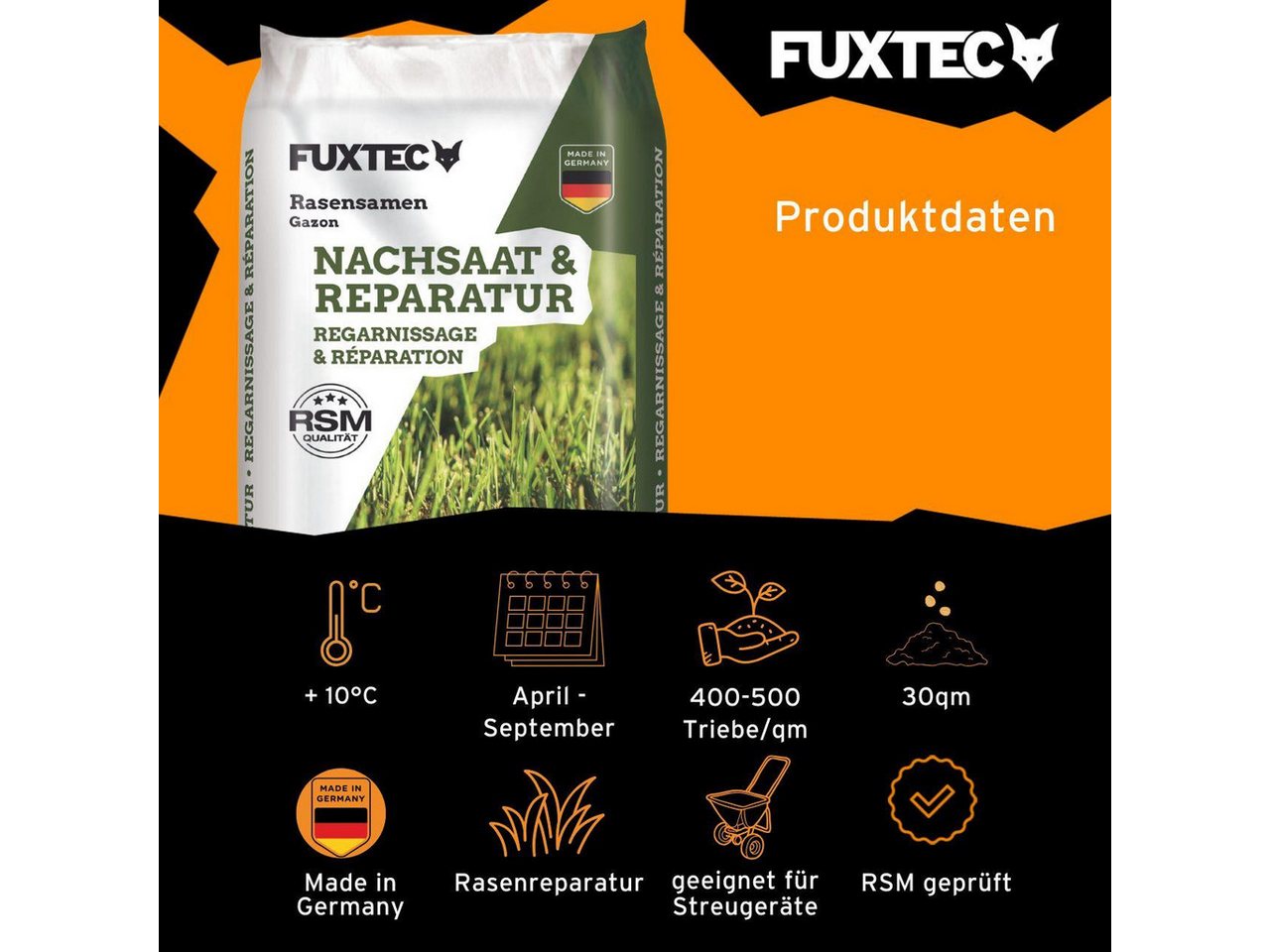 FUXTEC Rasensamen FX-RSNR1, 1 kg, Rasensamen Nachsaat, für 30m², RSM geprüft – Bild 2 von 5