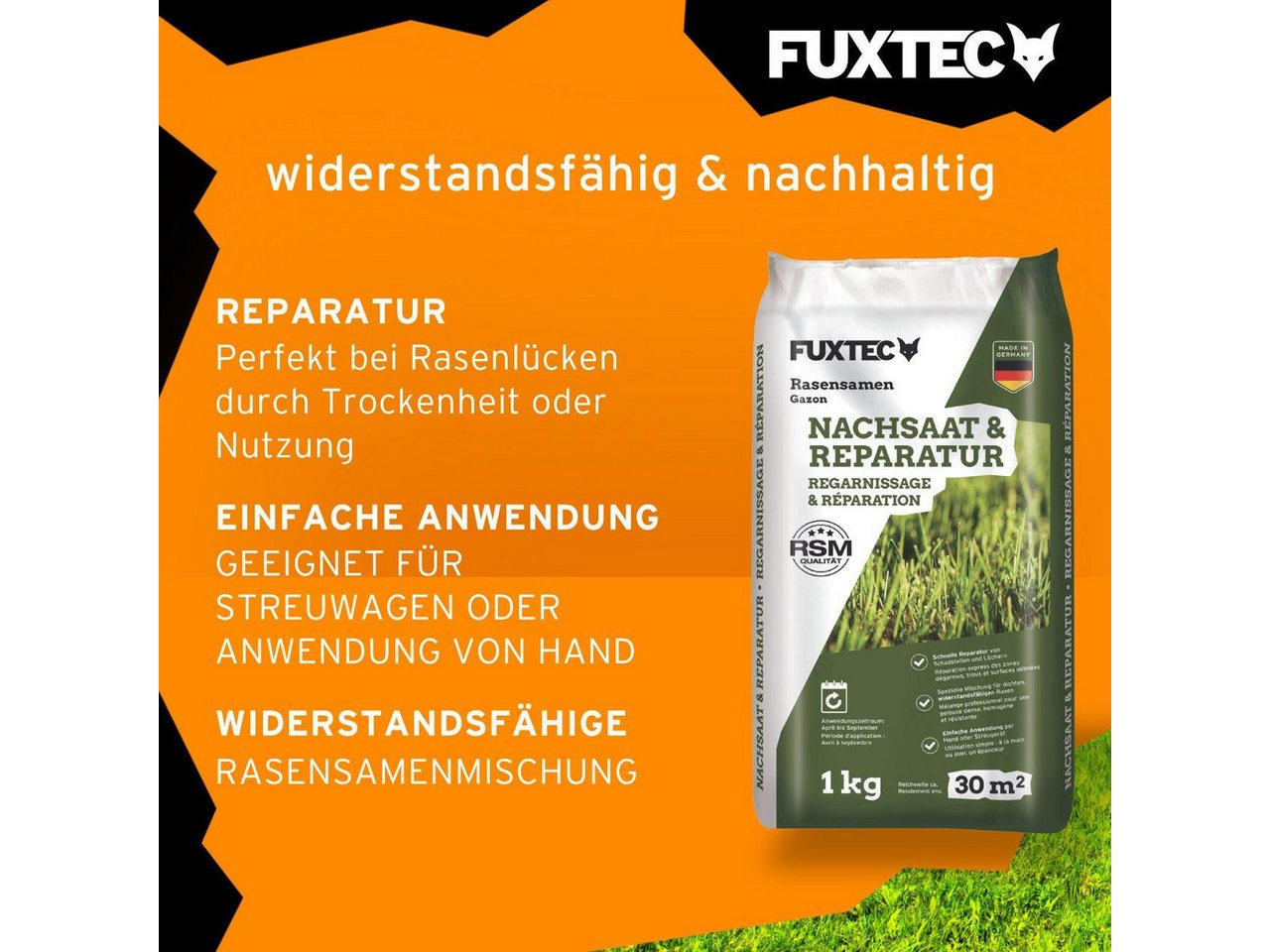FUXTEC Rasensamen FX-RSNR1, 1 kg, Rasensamen Nachsaat, für 30m², RSM geprüft – Bild 4 von 5