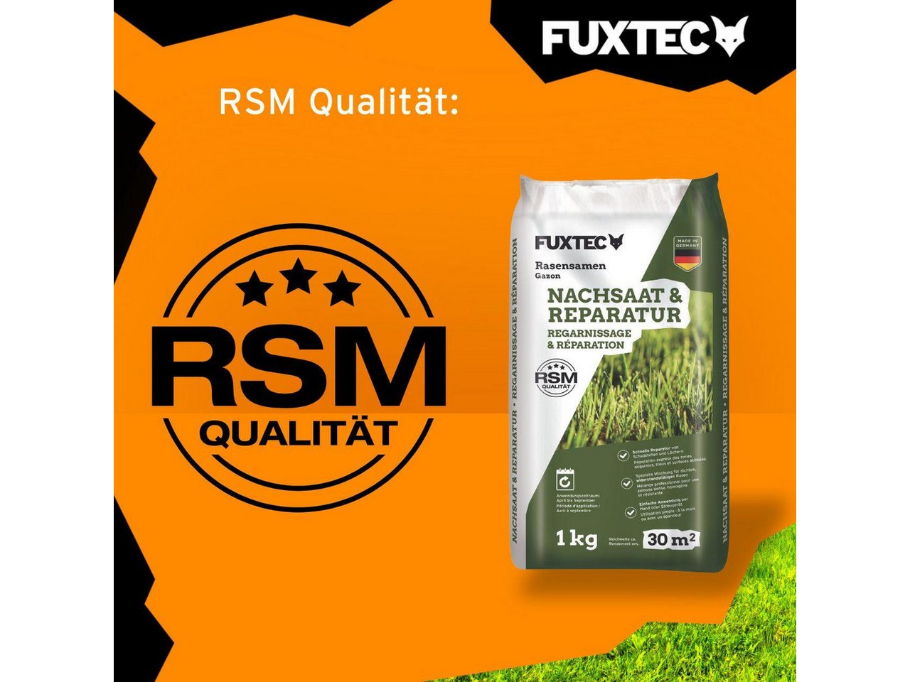 FUXTEC Rasensamen FX-RSNR1, 1 kg, Rasensamen Nachsaat, für 30m², RSM geprüft – Bild 5 von 5