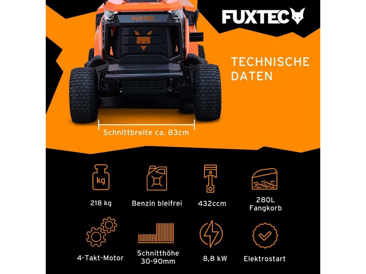 FUXTEC Rasentraktor FX-RMT84M, 83 cm Schnittbreite, 30-90mm Schnitthöhe, 432ccm Hubraum, 280L Fangkorb – Bild 2 von 5