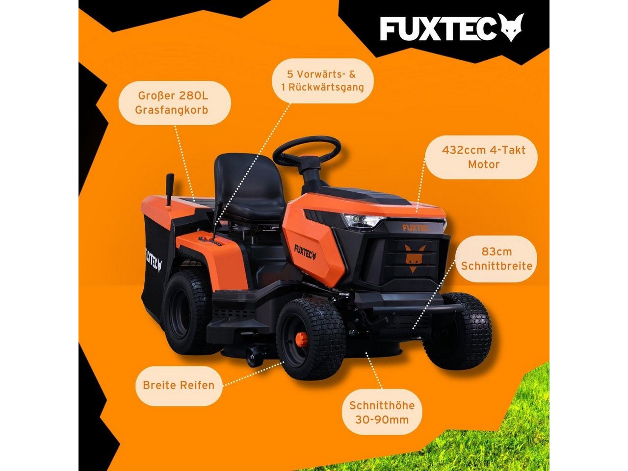 FUXTEC Rasentraktor FX-RMT84M, 83 cm Schnittbreite, 30-90mm Schnitthöhe, 432ccm Hubraum, 280L Fangkorb – Bild 5 von 5