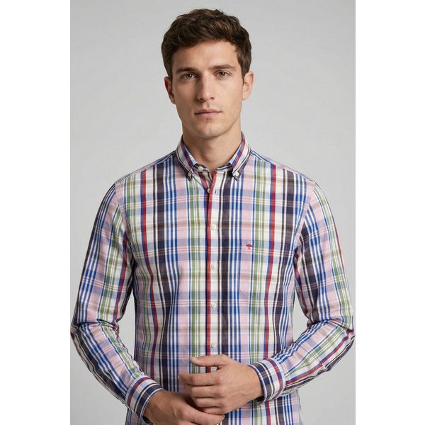 FYNCH-HATTON Langarmhemd kariert, mit Knopfleiste und Button-Down-Kragen