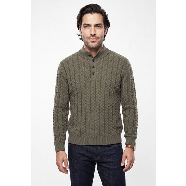 FYNCH-HATTON Troyer Strickpullover mit Zopfmuster und Knopfleiste, Woll-Anteil