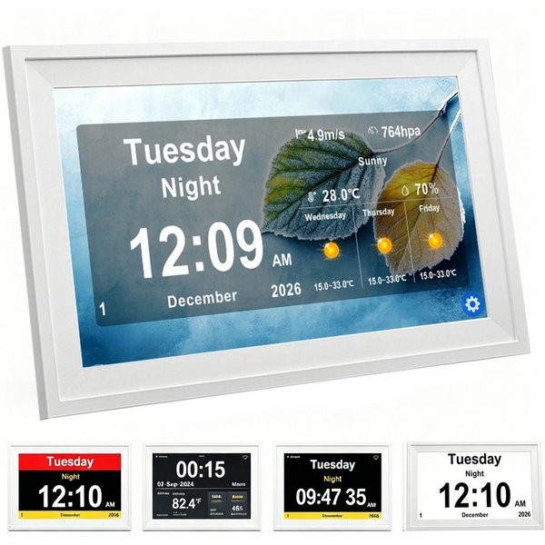 Fyrove 10,1 Zoll Digitaler Kalenderuhr mit Wetterstation, Erinnerungsfunktion Digitaler Bilderrahmen (Wiedergabe von Fotos über USB-Stick oder Speicherkarte mög