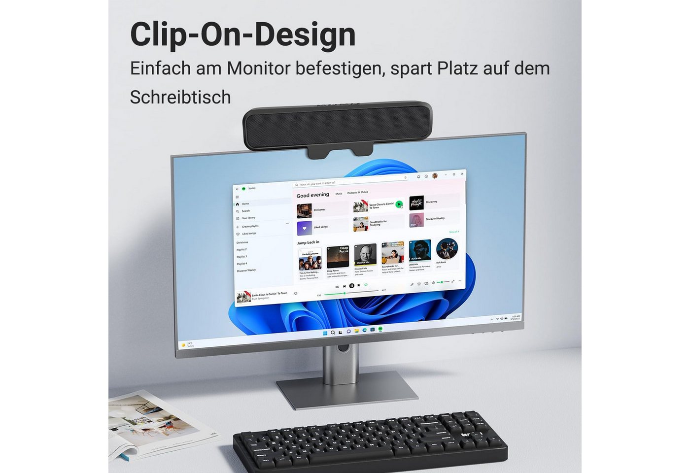 Fyrove 10W PC Lautsprecher, USB Monitor Speaker mit Clip-On, HD Stereo Sound PC-Lautsprecher (10 W, USB A/C für PC, Laptop, Desktop, Plug and Play, Akustikstoff – Bild 2 von 5