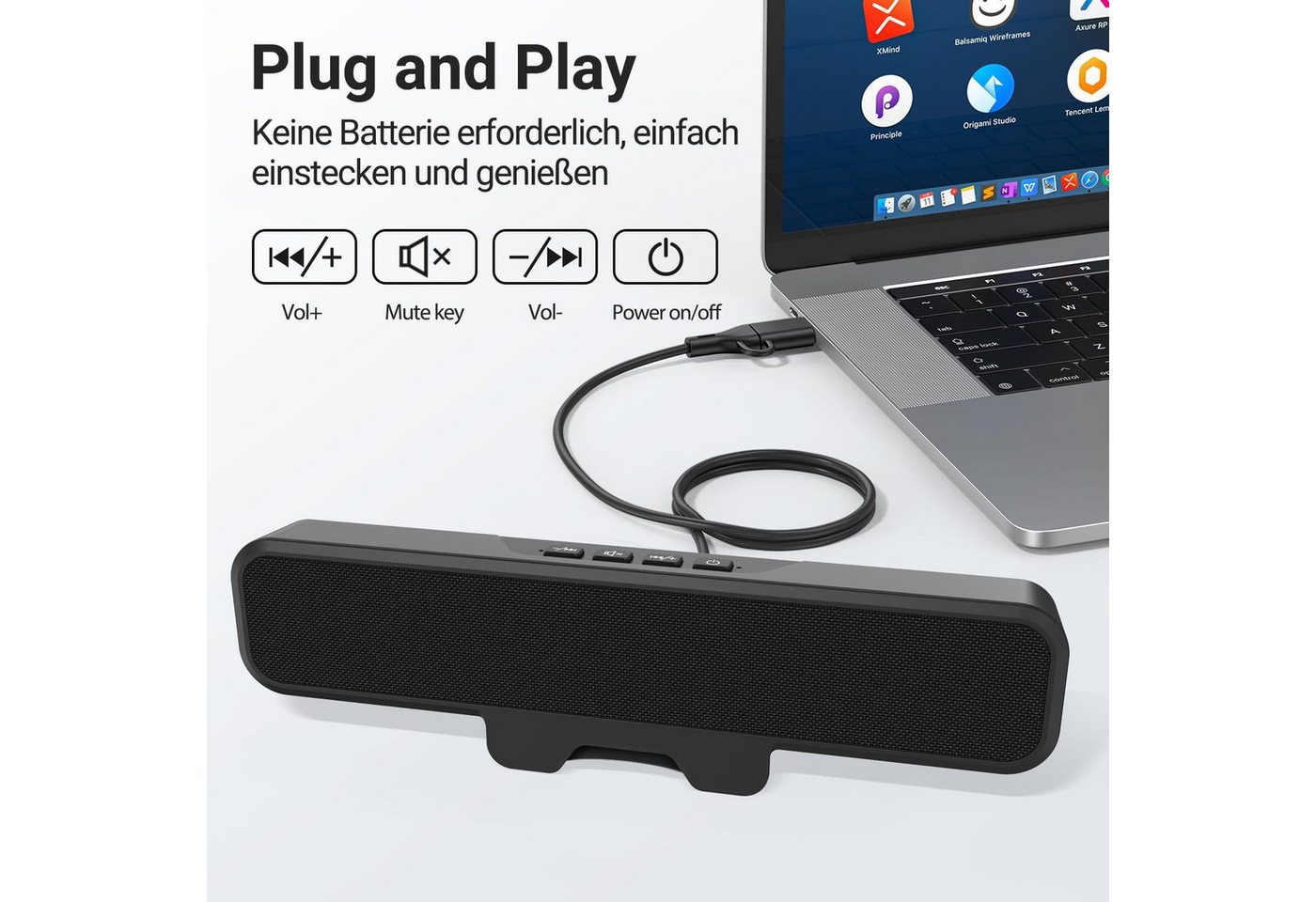 Fyrove 10W PC Lautsprecher, USB Monitor Speaker mit Clip-On, HD Stereo Sound PC-Lautsprecher (10 W, USB A/C für PC, Laptop, Desktop, Plug and Play, Akustikstoff – Bild 3 von 5