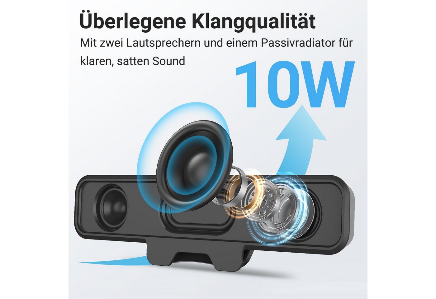 Fyrove 10W PC Lautsprecher, USB Monitor Speaker mit Clip-On, HD Stereo Sound PC-Lautsprecher (10 W, USB A/C für PC, Laptop, Desktop, Plug and Play, Akustikstoff – Bild 4 von 5