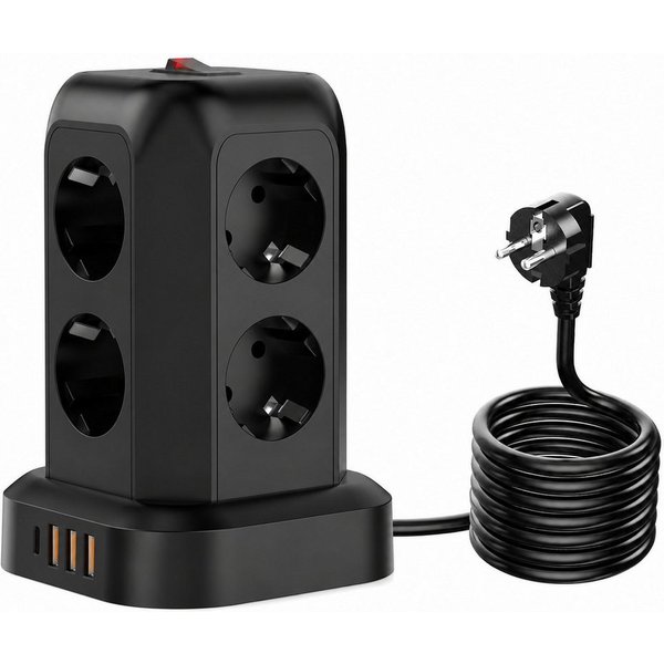 Fyrove 12-in-1 mit Schalter, 8-fach Steckdosenleiste mit 4 USB Anschlüssen Steckdosenleiste 8-fach (3×USB-A, 1×USB-C, 8× Steckdosen, 2500W, Überlastschutz, Über