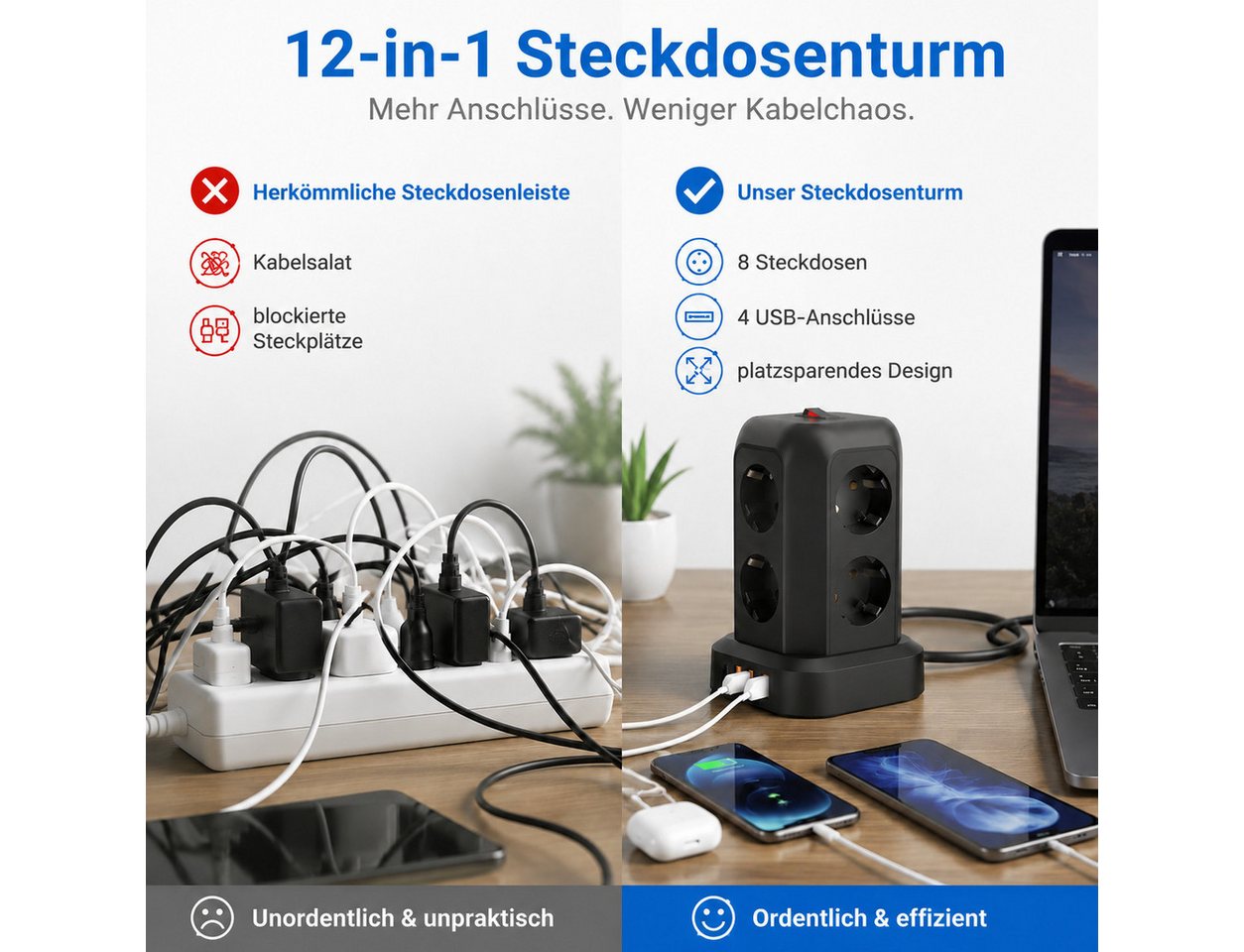 Fyrove 12-in-1 mit Schalter, 8-fach Steckdosenleiste mit 4 USB Anschlüssen Steckdosenleiste 8-fach (3×USB-A, 1×USB-C, 8× Steckdosen, 2500W, Überlastschutz, Über – Bild 3 von 5