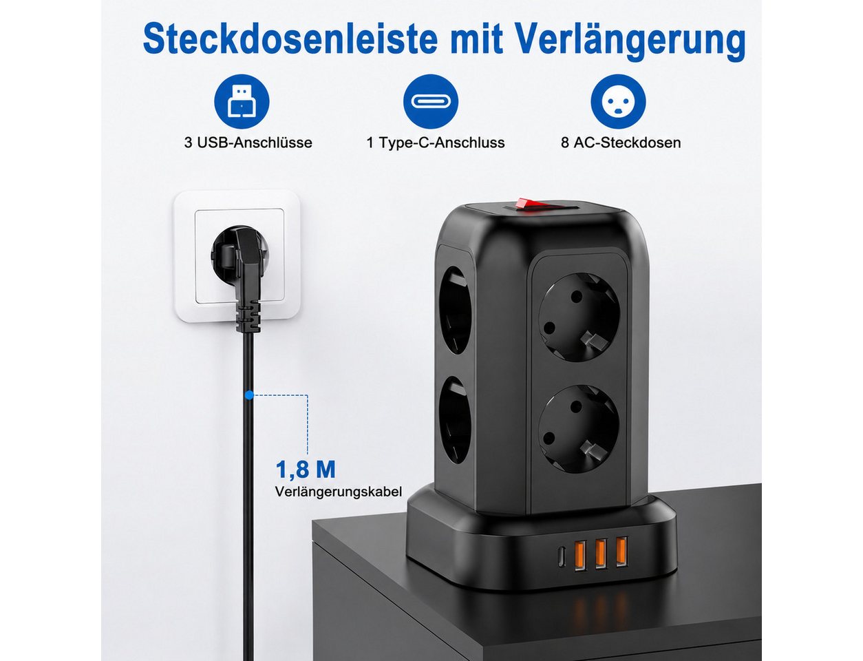 Fyrove 12-in-1 mit Schalter, 8-fach Steckdosenleiste mit 4 USB Anschlüssen Steckdosenleiste 8-fach (3×USB-A, 1×USB-C, 8× Steckdosen, 2500W, Überlastschutz, Über – Bild 4 von 5