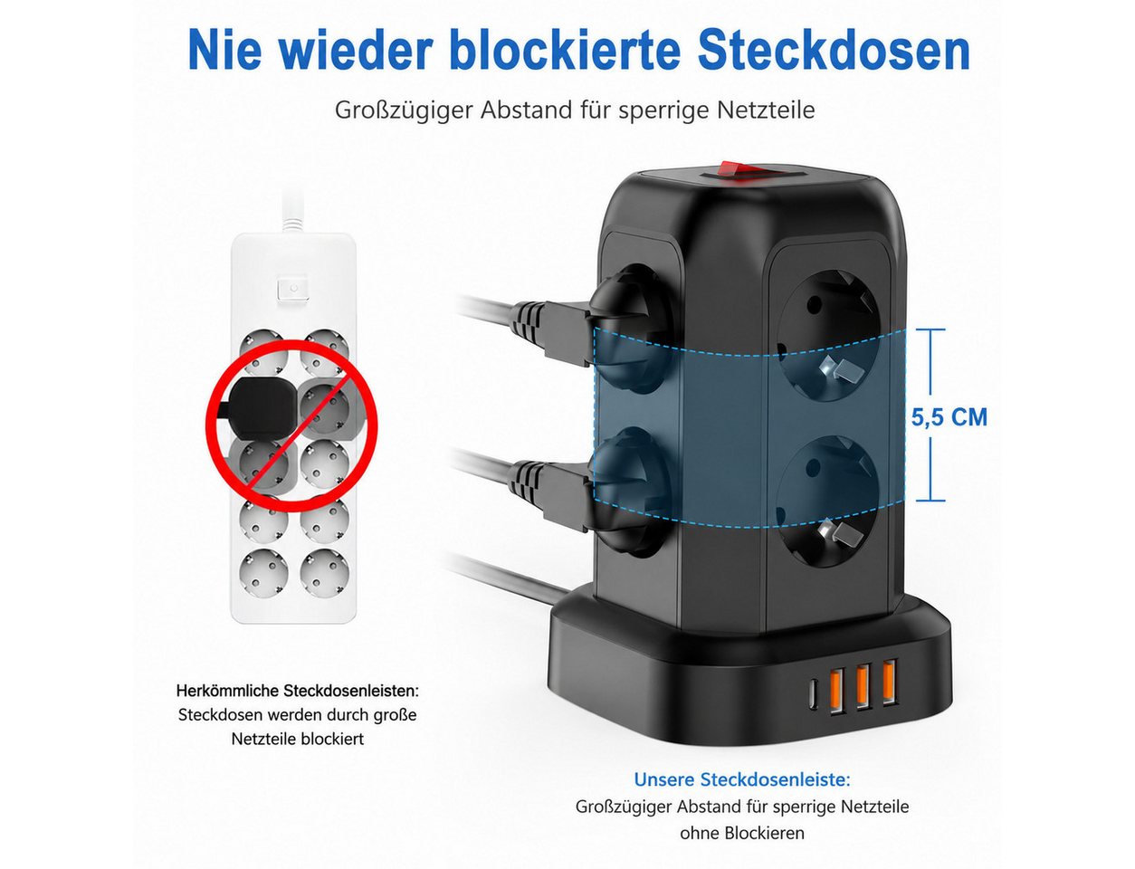 Fyrove 12-in-1 mit Schalter, 8-fach Steckdosenleiste mit 4 USB Anschlüssen Steckdosenleiste 8-fach (3×USB-A, 1×USB-C, 8× Steckdosen, 2500W, Überlastschutz, Über – Bild 5 von 5
