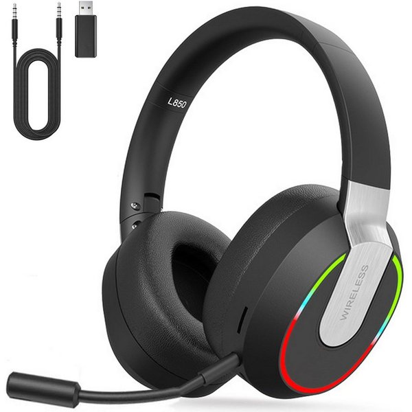 Fyrove 2,4 GHz Wireless Gaming Headset für PC, PS4, PS5, Mac, Switch Gaming-Headset (LED-Licht, faltbar, niedrige Latenz (30 ms), Bluetooth Kabelloses Kopfhörer