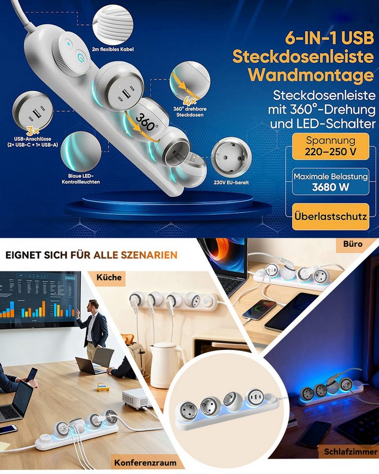 Fyrove 360° drehbare Steckdosenleiste, 3-Fach + 2 USB-C + 1 USB-A Steckdosenleiste, LED-Nachtlicht, 2m Kabel, Überspannungsschutz – Bild 3 von 5