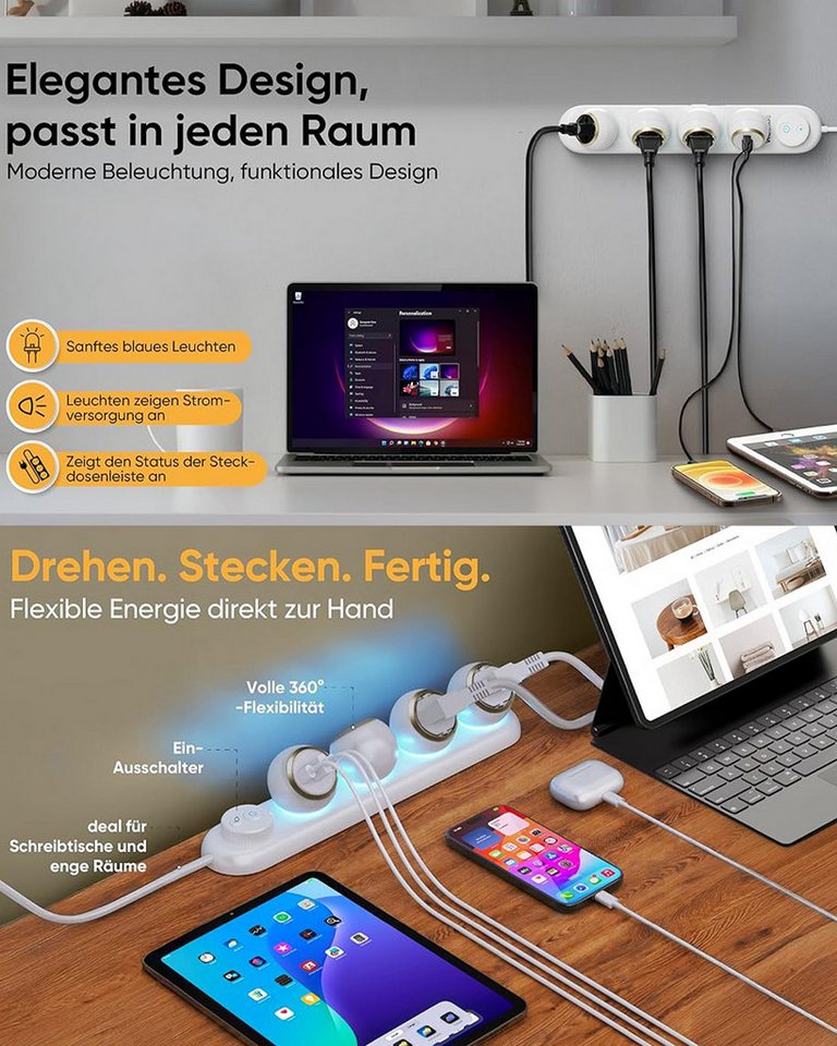 Fyrove 360° drehbare Steckdosenleiste, 3-Fach + 2 USB-C + 1 USB-A Steckdosenleiste, LED-Nachtlicht, 2m Kabel, Überspannungsschutz – Bild 4 von 5