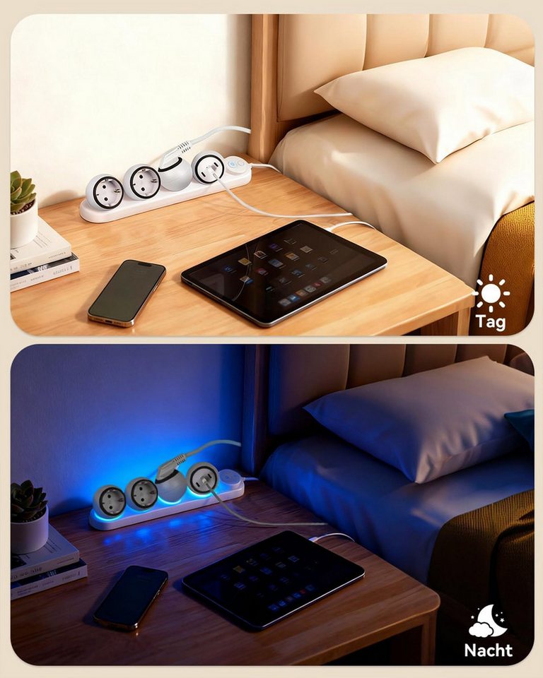Fyrove 360° drehbare Steckdosenleiste, 3-Fach + 2 USB-C + 1 USB-A Steckdosenleiste, LED-Nachtlicht, 2m Kabel, Überspannungsschutz – Bild 5 von 5