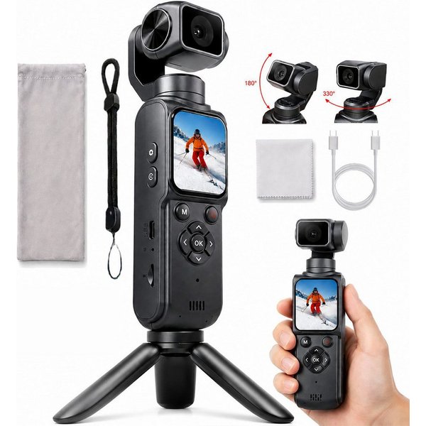 Fyrove 4K Action Cam mit 330° drehbarem Objektiv, 1,72" Touchscreen Kompaktkamera (Gesichtsverfolgung, WLAN, für Vlogs & Reisen)