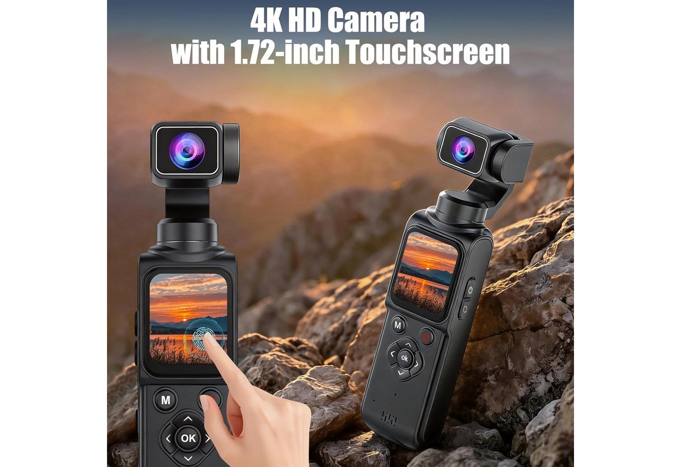 Fyrove 4K Action Cam mit 330° drehbarem Objektiv, 1,72" Touchscreen Kompaktkamera (Gesichtsverfolgung, WLAN, für Vlogs & Reisen) – Bild 2 von 5