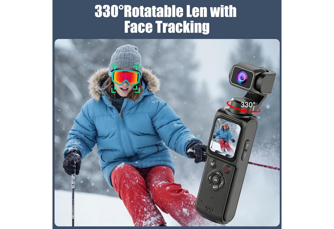 Fyrove 4K Action Cam mit 330° drehbarem Objektiv, 1,72" Touchscreen Kompaktkamera (Gesichtsverfolgung, WLAN, für Vlogs & Reisen) – Bild 3 von 5