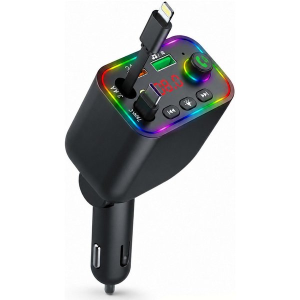 Fyrove Bluetooth-FM-Transmitter für Auto,PD3.0/PP/PPSQC4.0+AFC Schnelllade KFZ-Transmitter Bluetooth FMTransmitter Auto zu mit Dual einziehbaren Kabeln, RGB Amb