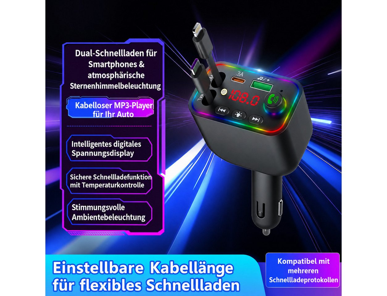 Fyrove Bluetooth-FM-Transmitter für Auto,PD3.0/PP/PPSQC4.0+AFC Schnelllade KFZ-Transmitter Bluetooth FMTransmitter Auto zu mit Dual einziehbaren Kabeln, RGB Amb – Bild 5 von 5